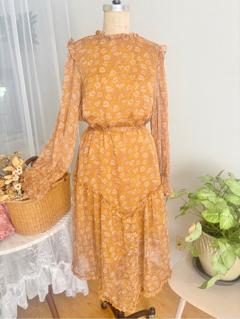 Floral Long-Sleeve Ruffled Midi Dress in Mustard
